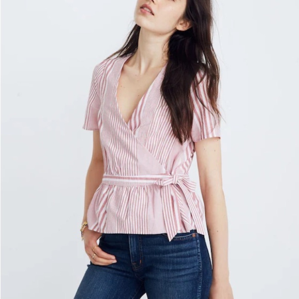 Madewell Ruffle-Hem Wrap Top in Stripe Mix Deep Crimson Red White Blouse Small